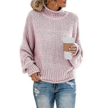 (L, Pink) Women's Lamb Wool Knitted Long Sleeve Turtleneck Pullover Sweater, Loose Casual Top