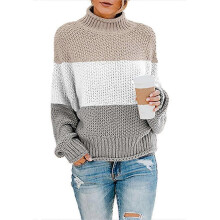 (XL, Khaki Stripe) Women's Lamb Wool Knitted Long Sleeve Turtleneck Pullover Sweater, Loose Casual Top