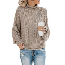 (2XL, Khaki) Women's Lamb Wool Knitted Long Sleeve Turtleneck Pullover Sweater, Loose Casual Top