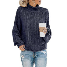 (M, Navy) Women's Lamb Wool Knitted Long Sleeve Turtleneck Pullover Sweater, Loose Casual Top