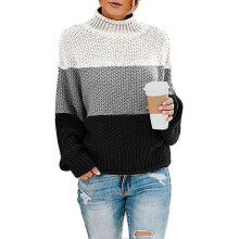 (3XL, Black Stripe) Women's Lamb Wool Knitted Long Sleeve Turtleneck Pullover Sweater, Loose Casual Top