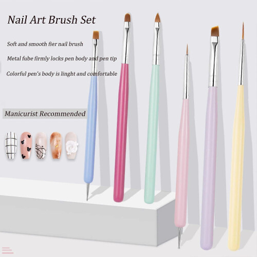 6PCS Double Ended Nail Art Brushes Set, Multiple Sizes Nail Design Tools, Beige Pink Blue Grey 1