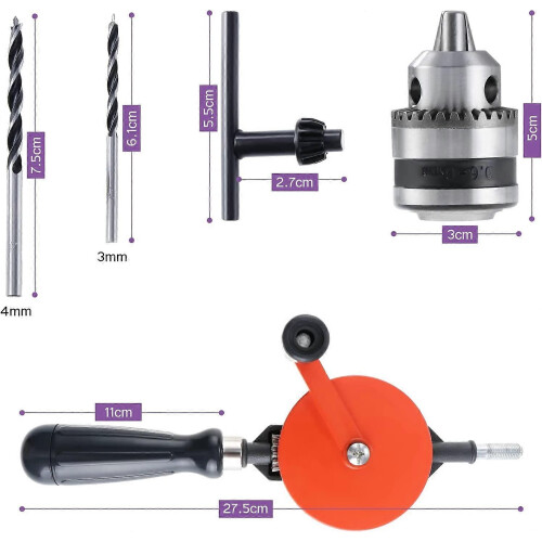 Hand Drill Manual Crank Drill Bit 1/4" (0.6mm-6mm) Double Pinion with 2 Drill Bits 1