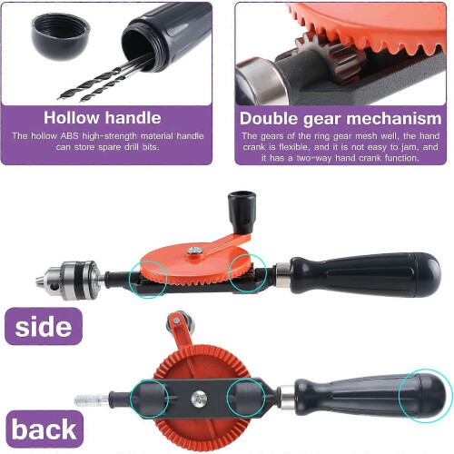 Hand Drill Manual Crank Drill Bit 1/4" (0.6mm-6mm) Double Pinion with 2 Drill Bits 2