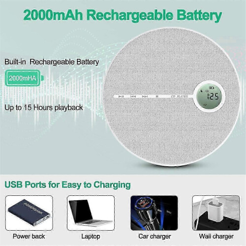 Rechargeable Bluetooth CD Player with Dual Speakers, Bluetooth Transmitter, Portable for Car Home Personal Use 2