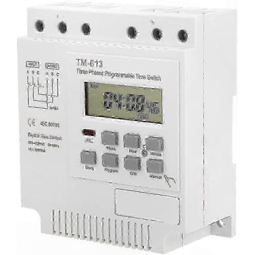Digital 3-Phase Timer Relay Switch, 380V 16A 50-60Hz, Programmable Weekly, Three-Wire Input Output, 4kW Load, DIN Rail Mount 2