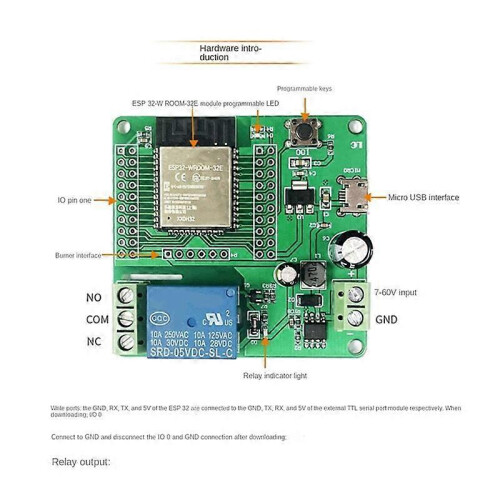 ESP32-WROOM Single Channel Relay Development Board, DC 7-60V Power Supply, 4M Flash, for Secondary Development