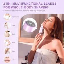 Rasoio da donna 2 in 1 per zona bikini e corpo, ricaricabile, impermeabile, design compatto con aura viola luminosa, lame in ceramica ipoallergeniche.