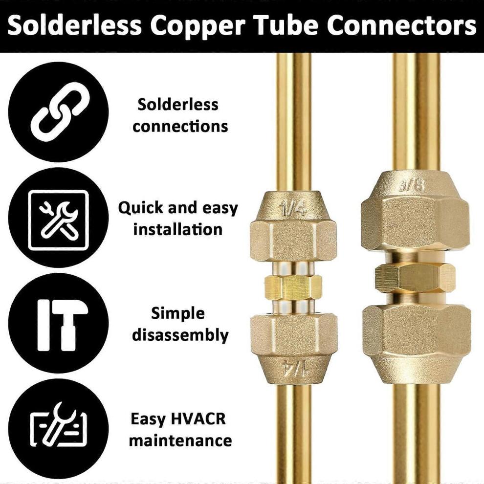 Brass Copper Pipe Butt Joint Coupler 2Pcs Set 3/8Inch 1/4Inch For Air Conditioning Refrigeration Systems 6933168123387