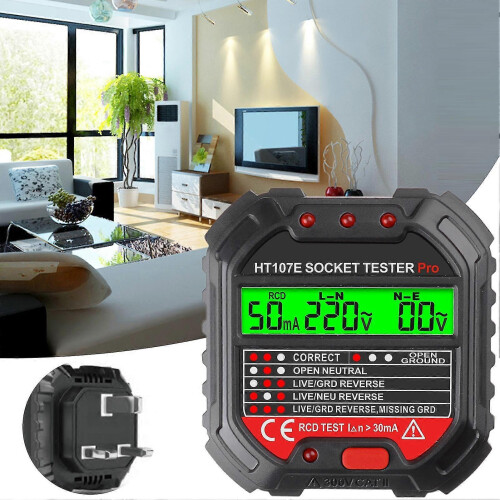Socket Tester HT107E, UK Plug, LCD Display Voltage Detector, RCD Test For Electric Maintenance Testing 1