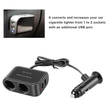 Universele 2-weg auto-sigarettenaanstekeradapter, 12V/24V USB-oplader splitter met LED-lichtschakelaar, 60W, zwart, 63 cm kabel, CE-gecertificeerd