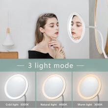 Make-upspiegel 10x vergroting clip-on 16,5cm dimbare LED 3 kleurtemperaturen 360 draaibare flexibele arm 2000mAh USB oplaadbaar