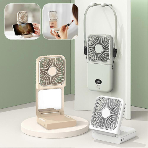 (White) Handheld Foldable Desk Fan with Mirror Foldable Phone Stand for Camping Hiking 1