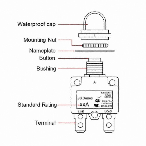 Resettable 6A Thermal Fuse with Push Button Overload Protection and Black Switch 1