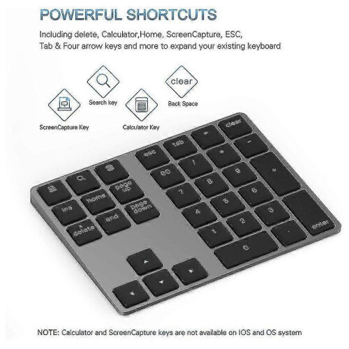 Bluetooth Number Pad, Aluminum Rechargeable Wireless Numeric Keypad Slim 34-keys Compatible with Macbook PC Windows 2