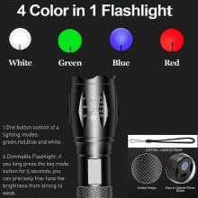 4-in-1 Rechargeable Flashlight with White Red Blue Green LED, Zoomable, High Lumens, USB Rechargeable for Outdoor Camping