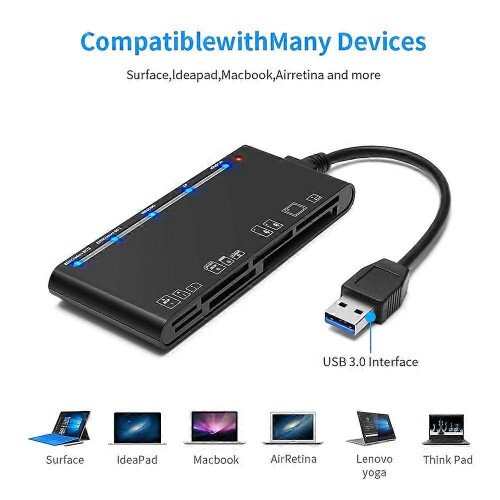 USB 3.0 7 in 1 Card Reader for CF XD MS SD TF Cards, Plug and Play 1