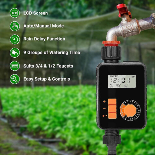 Watering Timer with Rain Sensor and LCD Display, 9 Programmable Settings for Garden Balcony Greenhouse 1