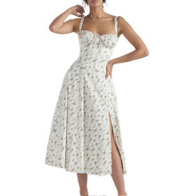 (XL, Green Flower) Fashion Print Bustier Sundress Drawstring Lace Sleeveless Dress For Women-Yvan