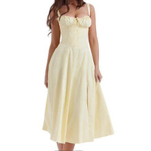 (M, Light Yellow) Fashion Print Bustier Sundress Drawstring Lace Sleeveless Dress For Women-Yvan