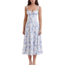 (XL, Blue Flower) Fashion Print Bustier Sundress Drawstring Lace Sleeveless Dress For Women-Yvan