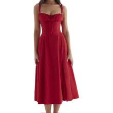 (XL, Red) Fashion Print Bustier Sundress Drawstring Lace Sleeveless Dress For Women-Yvan