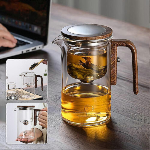 (520ML) Glass Tea Pot with Wood Handle One-Click Automatic Glass Tea Pot for Kitchen 1