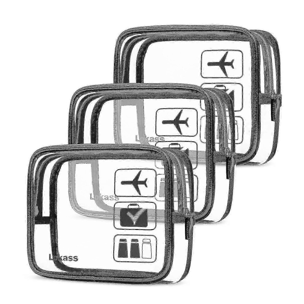 3 Pcs Clear Toiletry Bags, TSA Approved Travel Carry On Pouch, Quart Sized 3-1-1 Compliant Luggage Bags, Black