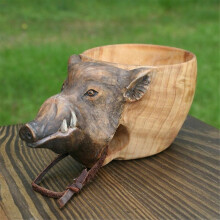 (Wild Boar) Wooden Mug Animal Shape Portable Camping Drinking Cup Hand Carved Outdoor Cup with Lanyard for Coffee Tea Milk