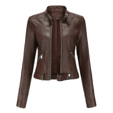 (XL, Dark Brown) Women's Short Leather Jacket Spring Autumn Standing Collar Women's Leather Jacket