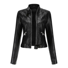 (S, Black) Women's Short Leather Jacket Spring Autumn Standing Collar Women's Leather Jacket