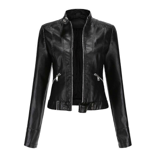 (S, Black) Women's Short Leather Jacket Spring Autumn Standing Collar Women's Leather Jacket