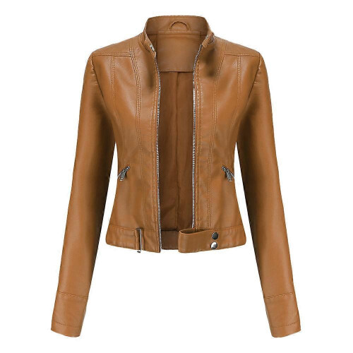 (S, Brown) Women's Short Leather Jacket Spring Autumn Standing Collar Women's Leather Jacket