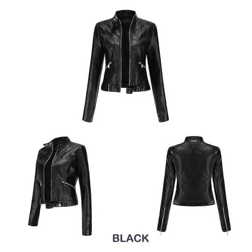 (L, Black) Women's Short Leather Jacket Spring Autumn Standing Collar Women's Leather Jacket 2