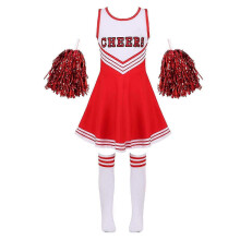 (5-6 Years, red) Girls Cheerleading Uniform Dance Costume Kids Cheerleader Outfit Round Neckline Patchwork Style Dance Dress Flower and Socks
