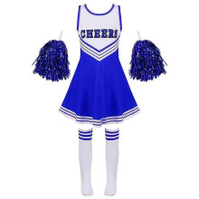 (5-6 Years, blue) Girls Cheerleading Uniform Dance Costume Kids Cheerleader Outfit Round Neckline Patchwork Style Dance Dress Flower and Socks