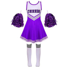 (10-12 Years, purple) Girls Cheerleading Uniform Dance Costume Kids Cheerleader Outfit Round Neckline Patchwork Style Dance Dress Flower and Socks