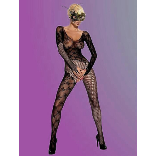 BodyStocking for Women Long Sleeve Round Neck Solid Black Nylon 1