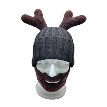 Gebreide muts met geweienbaard, acryl, zwartgrijs, voor Halloween, cosplay en kerstkleding.