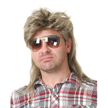 Pruik voor mannen met een mulletkapsel, jaren 80-stijl, goudkleurig, lang, hittebestendig synthetisch haar, verstelbare, ademende kap voor kostuums.