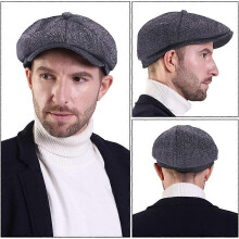 Heren baret met ruitpatroon en visgraatmotief, platte pet, katoenmix, elastische verstelbare band (55-60 cm), voor lente, zomer en herfst.