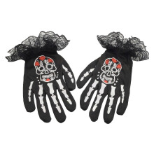 Skeleton Hand Gloves for Halloween Costume with Lace Cuff and Skull Design, Black Plush