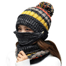 3-in-1 Winter-Strickmütze mit Gesichtsmaske und Schal, Acryl-Fleece-Futter, Bommel, für Damen und Mädchen
