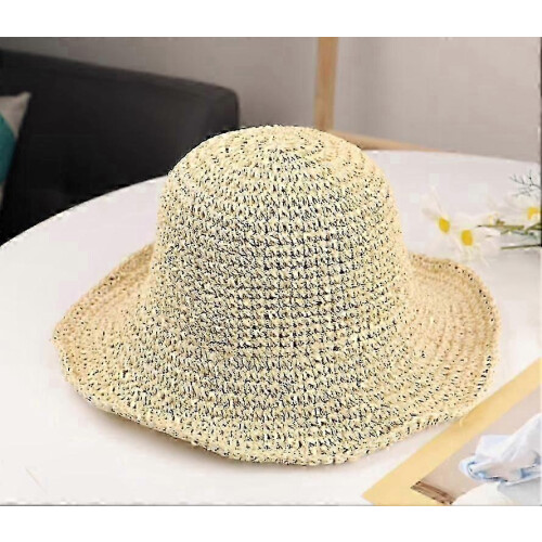 Beige Foldable Straw Sun Hat for Women with Adjustable Drawstring Wide Brim 1