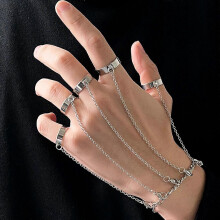 Geometrisches Armband-Ring-Set aus Silberkette im Punk-Emo-Stil, abnehmbar, offener Finger, verstellbar, Schmuck für Paare und Männer