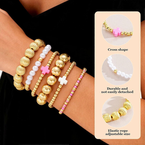 Gold Beaded Bracelet Set for Women Stretch Elastic Cross Pearl Stackable 2