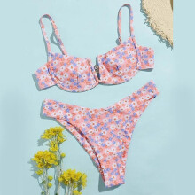 Bikini-Set mit Bügeln, V-Ausschnitt, Blumenmuster im Kuhfell-Look, verstellbaren Trägern und herausnehmbaren Polstern