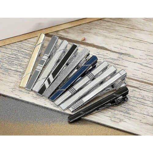 Set di fermacravatte da uomo, argento, oro, nero brillante, blu navy, rame, 10 pezzi, design classico 2