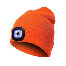 LED-Wintermütze, 4 abnehmbare wiederaufladbare LEDs, 2 Leuchtmodi, Acryl-Polyester-Mischung, fluoreszierendes Orange, Einheitsgröße
