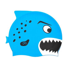 Swimming Hat, Blue Silicone Cartoon Fish Pattern, Waterproof, for Boys and Girls
